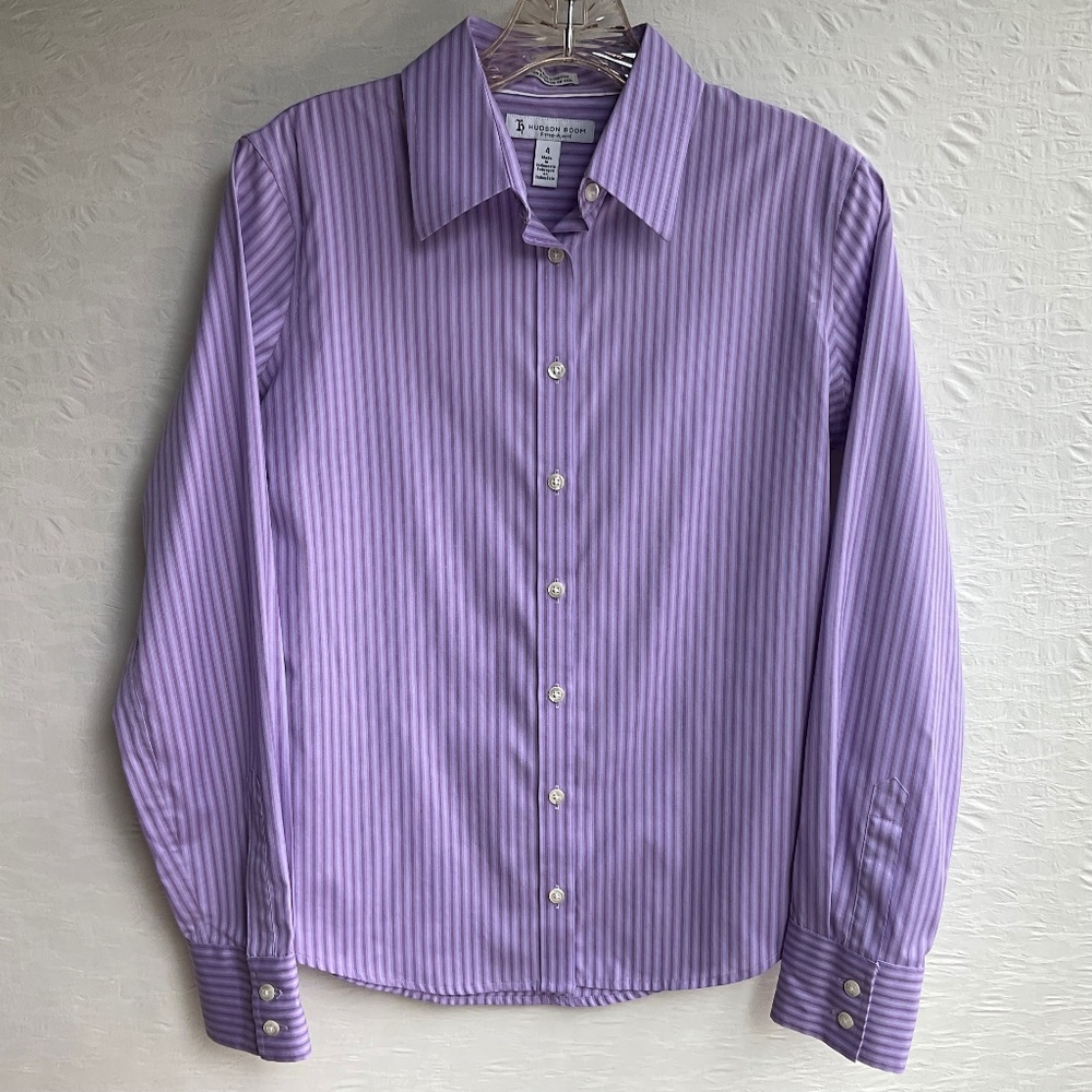 Hudson Room Women’s Stretch Cotton No Iron Button Up Shirt Blouse Purple…